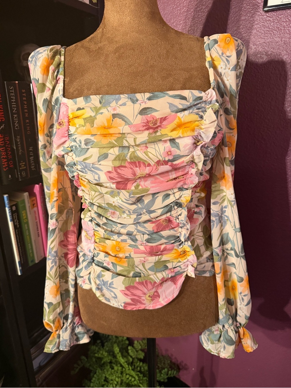 Floral Ruched Square-Neck Long Sleeve milkmaid style top - Picture 1 of 5